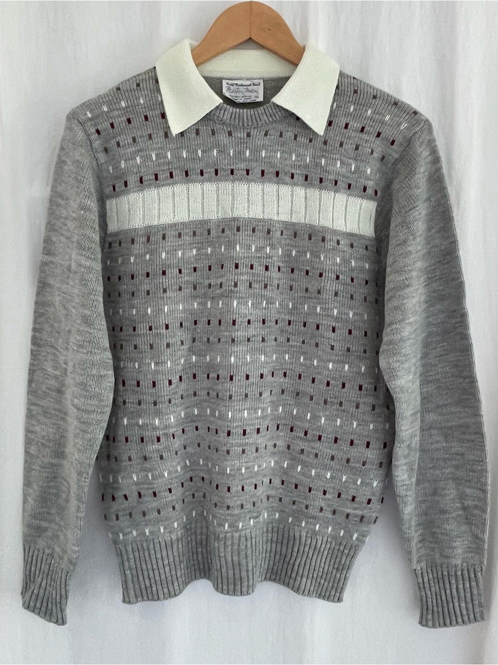 Men's Grey and Cream Vintage Mister Man Sweater with Collar